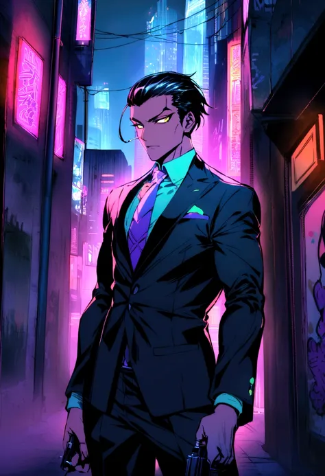 "Create an anime-style image of a gangster in a modern cityscape at night. He has sharp, stylish features with slicked-back hair and is wearing a sleek, tailored suit with a loosened tie. He stands confidently in a dimly lit alleyway, with neon lights from...