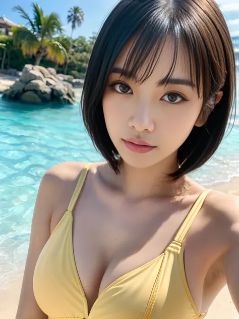 ((Highest quality、8K、masterpiece:1.3))、Japanese actress、1 female、Big Breasts:1.2、Slim figure:1.1、Black Hair、Very short hair、Japanese actress, 36 years old、A calm face、avert your eyes、short hair、beautiful, Beach, Yellow Lemon Swimsuit、Latest sexy swimwear、R...