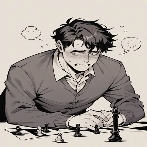 Nervous man bluffing while playing chess  Perfect board