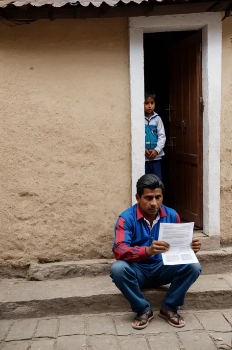 Ecuadorian middle class person receiving a sheet of paper outside his house