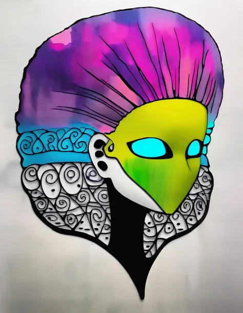 in style of graphic novel , portrait，in style of Joelle Jones, UV light mask face character, ink art, side view
