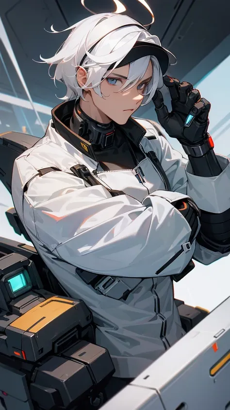 A 25 year old cyborg guy, with cybernetic hands and visor on, mid length white hair. Wearing urban clothing dark color. with visor and futuristic bow. 