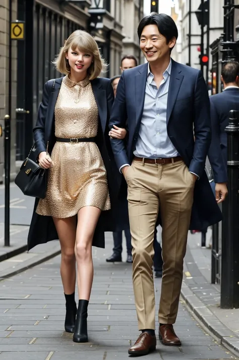 Taylor Swift with Gojo Satoru, smiling in the city of London