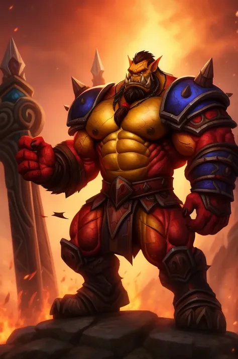 Portrait of a hyper muscular orc warrior wearing battle armor, war-torn clothes, hyper penis, big balls, Blizzard Entertainment, detailed skin, skin blemishes, Warcraft, lighting should be warm and inviting, casting a soft glow and highlighting the rich co...