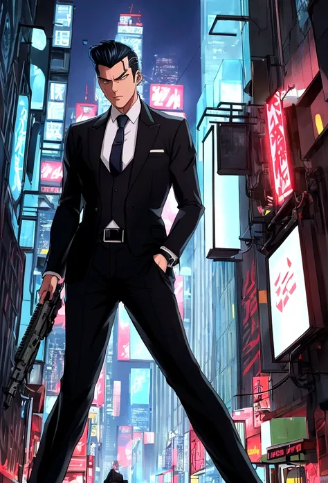 "Create an anime-style image of a gangster in a modern cityscape at night. He has sharp, stylish features with slicked-back hair and is wearing a sleek, tailored suit with a loosened tie. He stands confidently in a dimly lit alleyway, with neon lights from...