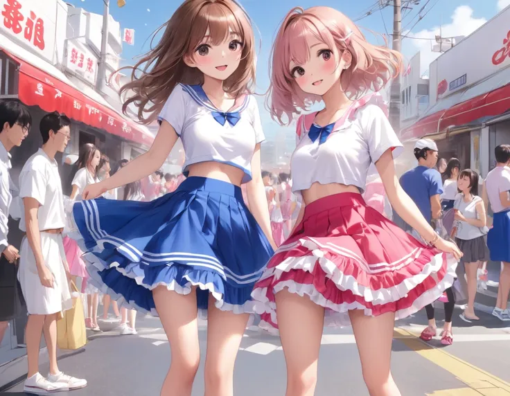 Plain white with emphasis on the chestＴshirt、You can see the chest from the neck、Ultramarine and white striped mini skirt、When you lift up her skirt you can see her cute pink frilly underwear...、fluffy, White frilly flared skirt、When she lifted her skirt, ...