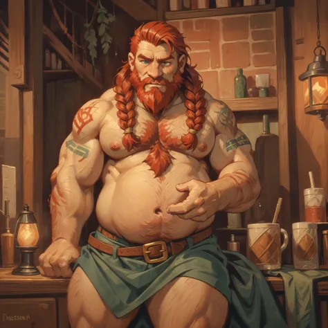 old  male, Viking, Father, sexual, An old face, short stature, a big nose, Age 60 years, strong, thick, big breasts, big belly, Red hair, large red beard braided into three braids, thick body hair, густые Red hair на груди, густые Red hair на животе, густы...