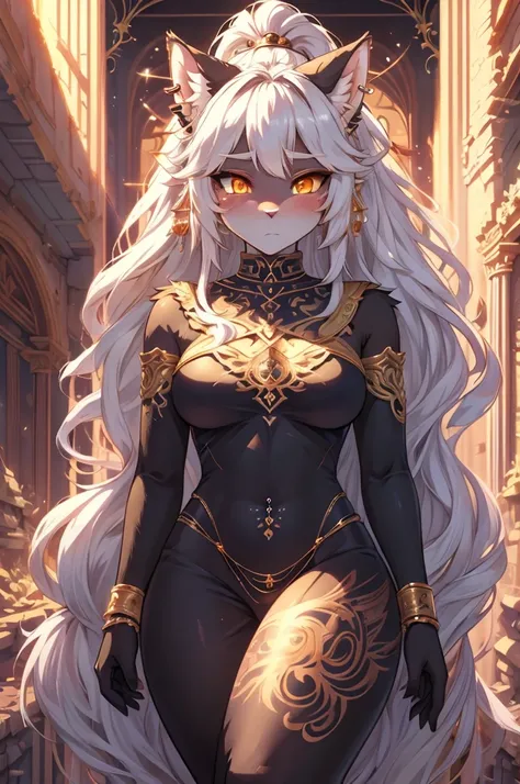 ((best quality, masterpiece, perfect anatomy, detailed picture)), furry, 2 female symmetrical split screen theme 1:5  pantherine, two tone fur, black body, grey fur, sexy, long white hair, ponytail hair, fluffy feline tail, yellow sclera, tribal tattoo, ea...