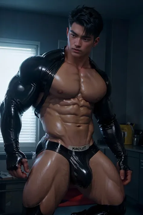 a muscular korean man, no shirt, detailed chest, bulge in underwear, large fit ass, latex clothing, shiny glued clothes, cinematic lighting, 8k, highly detailed, photorealistic, dramatic lighting, sharp focus, hyper realistic, vibrant colors