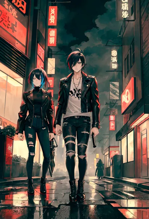 "Create an anime-style image of a male gangster in a bustling city street at night. She has short, edgy hair and is wearing a leather jacket over a white shirt, with ripped jeans and combat boots. She is leaning against a sleek motorcycle, holding a katana...