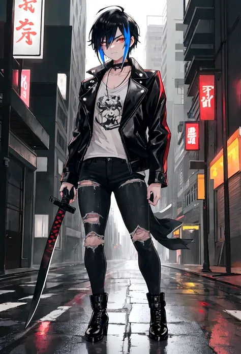 "Create an anime-style image of a male gangster in a bustling city street at night. She has short, edgy hair and is wearing a leather jacket over a white shirt, with ripped jeans and combat boots. She is leaning against a sleek motorcycle, holding a katana...