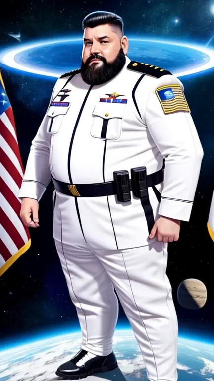 The space general wears a futuristic uniform, he is fat bearded, long sleeve uniform , he has his arms crossed seriously, speaking to the viewer, He wears a white general&#39;s hat on his head.