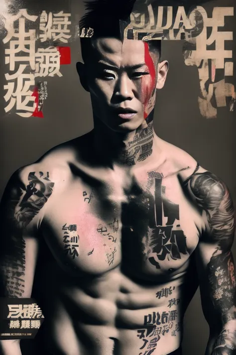 full-body shot，傳統的日本俊美強壯男人full-body shot的龐克拼貼，muscle，tattoo，underpants hair punk, stylish shooting editing style, hypebeast supe...