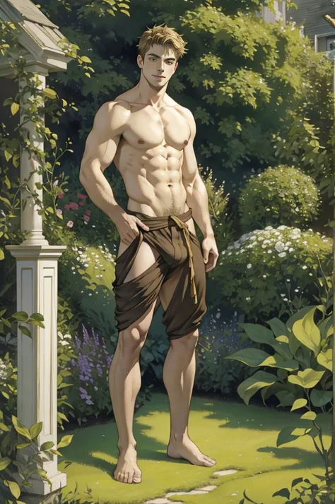 Full body shot,Handsome topless young guy, art by Rebecca Guay, photoreal，in garden