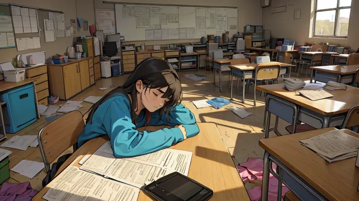 A tired and bored student in a classroom with many students, messy students, disorganized room