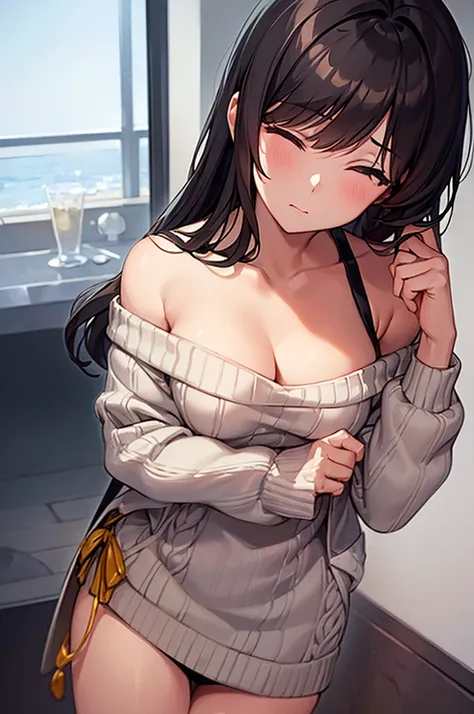 ((best quality)), ((masterpiece)), (detailed), 1girl, off-shoulder sweater, woman asleep standing up, bikini, eyes closed