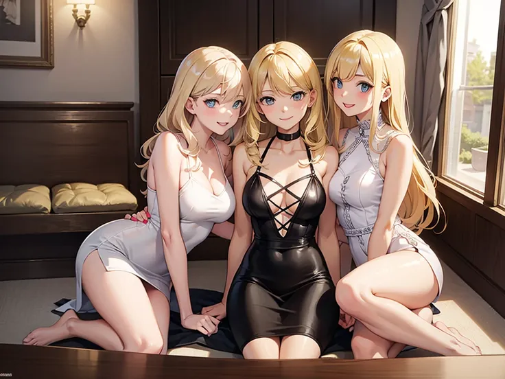 three sexy women on a date with 4 years old boy with blonde hair, flirtatious smiles, all women look at boy
