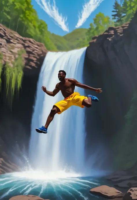 black man jumping into a waterfall at 1000 feet