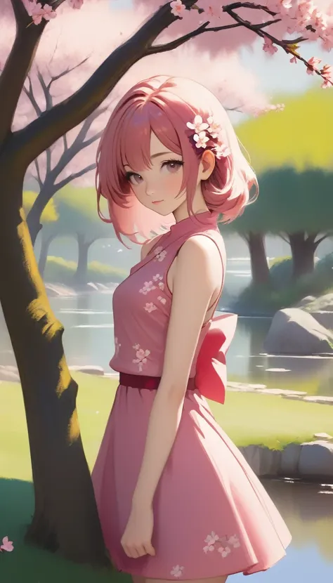 1 sexy girl, Sakura in mr villian day off, hair medium to shoulder, hair pink, with 2 sakura flower on the hair, wearing a cute pink dress, background is filling with a sakura flower and one sakura tree, pose standing wish under the tree, Soft, kawaii, det...