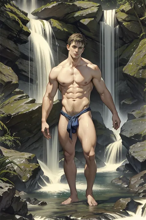 Full body shot,Handsome topless young guy, art by Rebecca Guay, photoreal，under waterfall