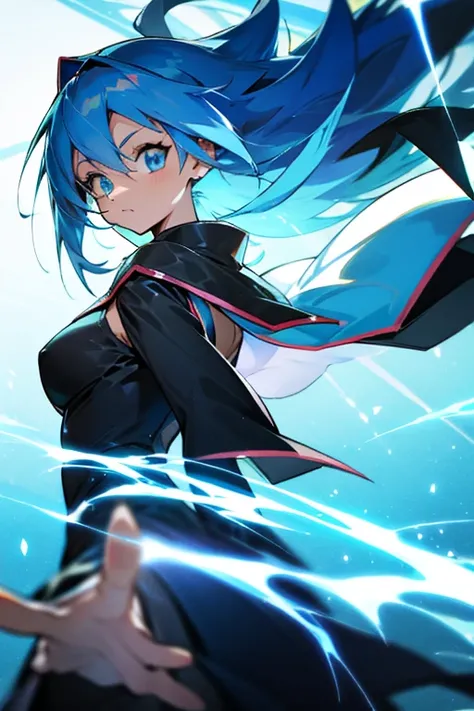 an anime character a cleric with blue eyes and long blue hair and black clothing