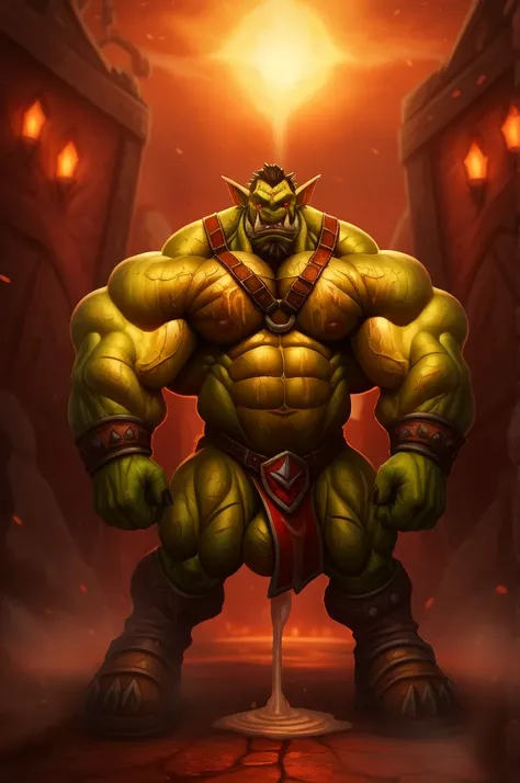 Portrait of a hyper muscular orc warrior wearing a leather harness, hyper penis, big balls, copious amounts of viscous fluids, amount of cum:1.4, Blizzard Entertainment, detailed skin, skin blemishes, Warcraft, lighting should be warm and inviting, casting...