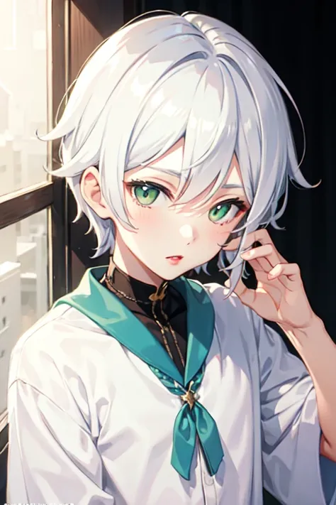 15 year old boy with white hair, green eyes and red lips, white skin dressed in pastel blue kawai clothing style