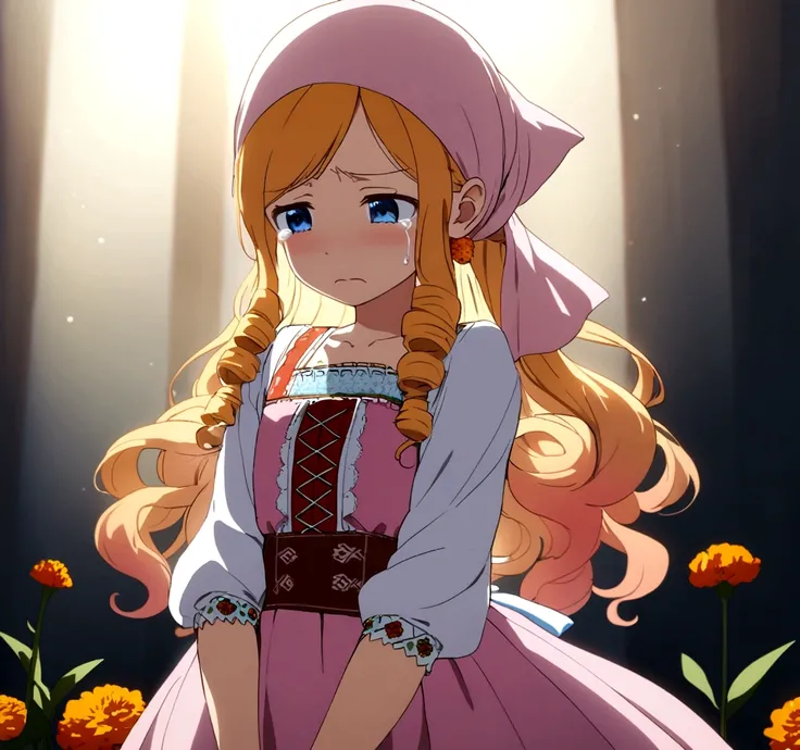 golden orange hair, gradient hair, very long hair, swept bangs, sidelocks, curly hair, wavy hair, (((((head scarf))))), head bandana, pink apron, flower in hair, marigold, orange flower, blue eyes, dirndl, pink dress, pink dirndl, long sleeves, waist apron...