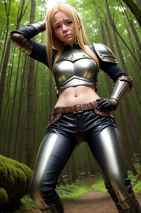 high reslolution, young novice warrior of the warriors guild, blonde hair, dutch girl 20 years old,  leather armor, in a forest,...