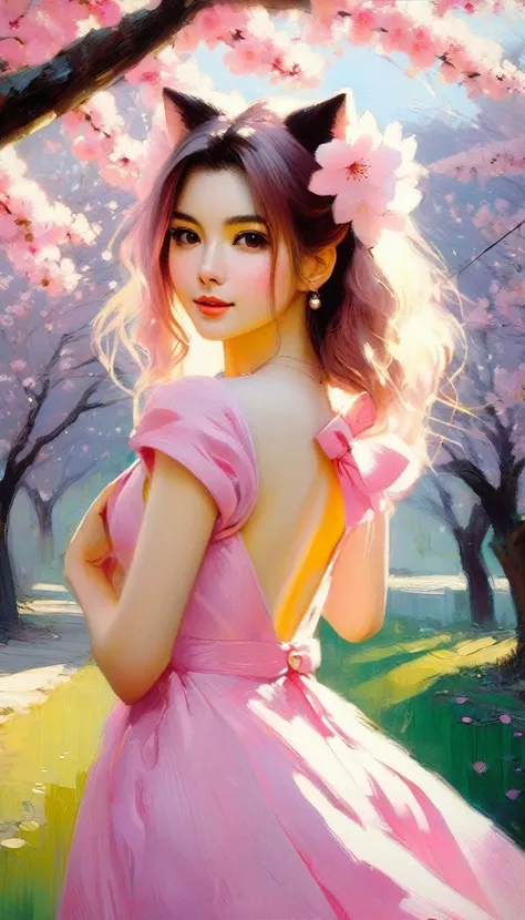 1 sexy girl, Sakura in mr villian day off, hair medium to shoulder, hair pink, with 2 sakura flower on the hair, wearing a cute pink dress, background is filling with a sakura flower and one sakura tree, pose standing wish under the tree, Soft, kawaii, det...