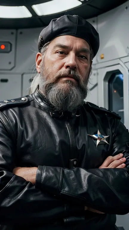 the space general aged 65 has long gray beard and long beard, wears a futuristic uniform, he is fat bearded, long sleeve uniform...