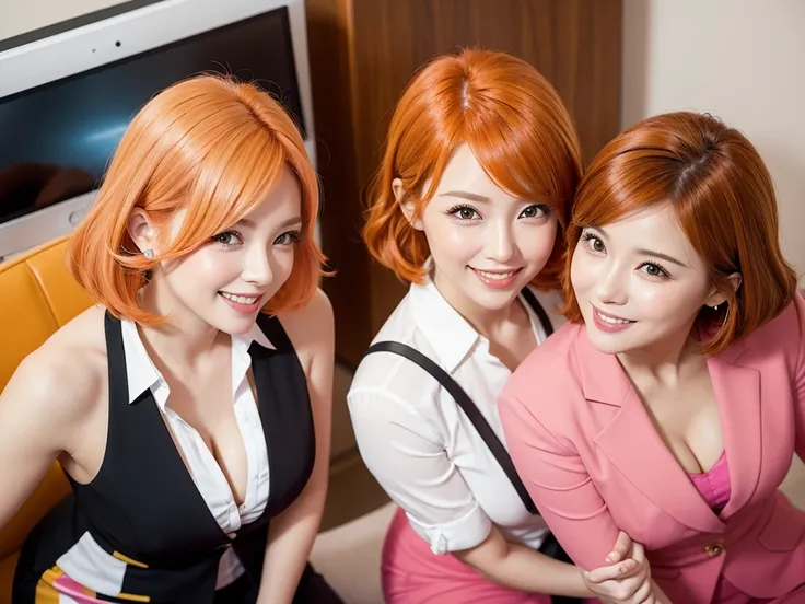 two sexy bubbly and cheerful women in office outfits, short, vibrant orange hair with highlights of pink, flirtatious smile, looking at camera, portrait, view from above