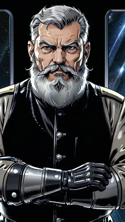 The space general aged 65 has long gray beard and long beard, wears a futuristic uniform, he is fat bearded, long sleeve uniform , wearing leather gloves on your hands, he has his arms crossed seriously, speaking to the viewer, He wears a white general&#39...