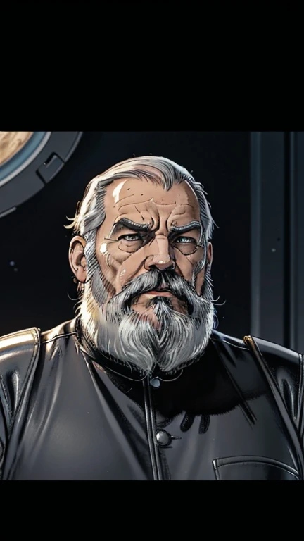 The space general aged 65 has long gray beard and long beard, wears a futuristic uniform, he is fat bearded, long sleeve uniform , wearing leather gloves on your hands, he has his arms crossed seriously, speaking to the viewer, He wears a white general&#39...