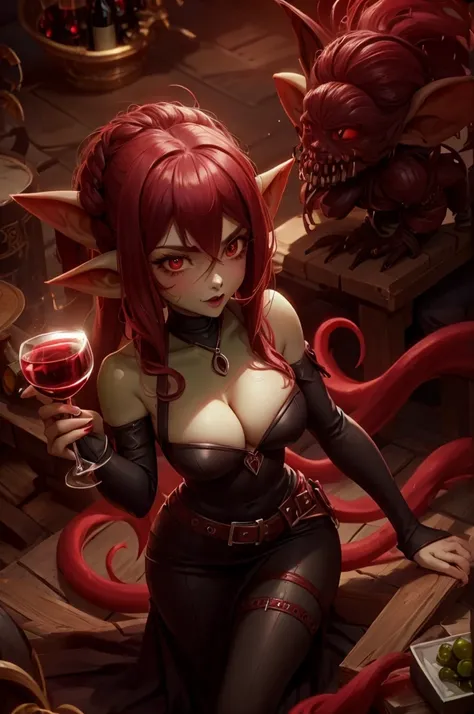 goblin mafia woman, black and red clothes, drinking wine