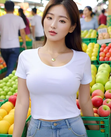 Extreme close-up of beautiful korean female, 34 inches breasts size, wearing t-shirt, necklace, pants, holding apple, in fruits market, UHD