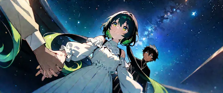 (((masterpiece,Highest quality))),(((A black-haired anime boy looks up at a girl in a daze and reaches out to her,A green-haired, twin-tailed anime girl descends from the starry sky and reaches out to a boy with a smile))),((Under a star-filled sky)),A boy...