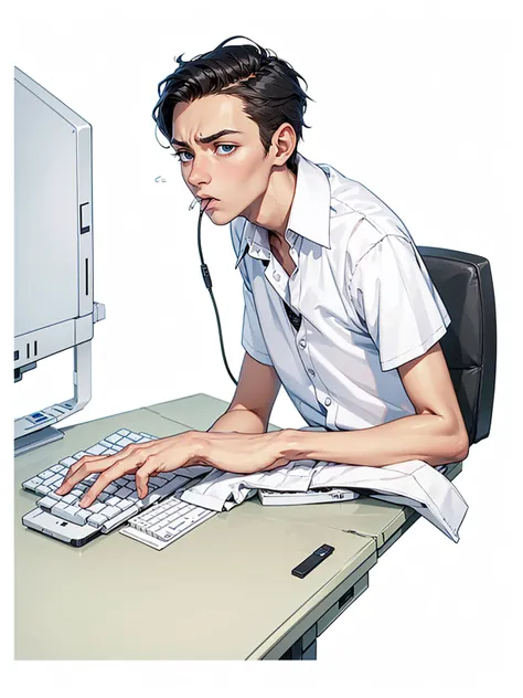 19 year old skinny boy sitting at an office desk using a computer keyboard and white mouse ,with worried face (distressed expression,add it,with his mouth open looking at the computer monitor wearing a nerdy short-sleeved formal shirt