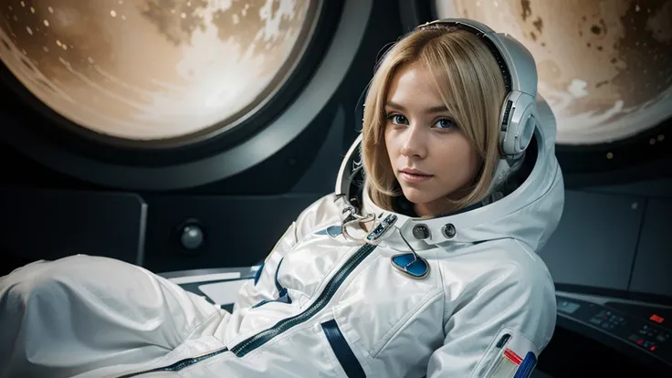 Beautiful woman blonde hair color, dressed in futuristic astronaut suit, staring at the camera, alien planet background , medium shot