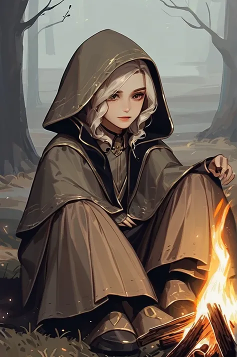 ((Лучшее качество)), ((шедевр)), (подробный), Hooded girl by the campfire