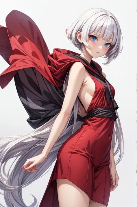 Masterpiece, top quality, highres, (white background:1.8), detailed eyes,bright heterochromia eyes, red right and silver left eye, anime characters with silver deep gray hair and red gray heterochromia eyes standing anime moe artstyle, shirabii, cute anime...