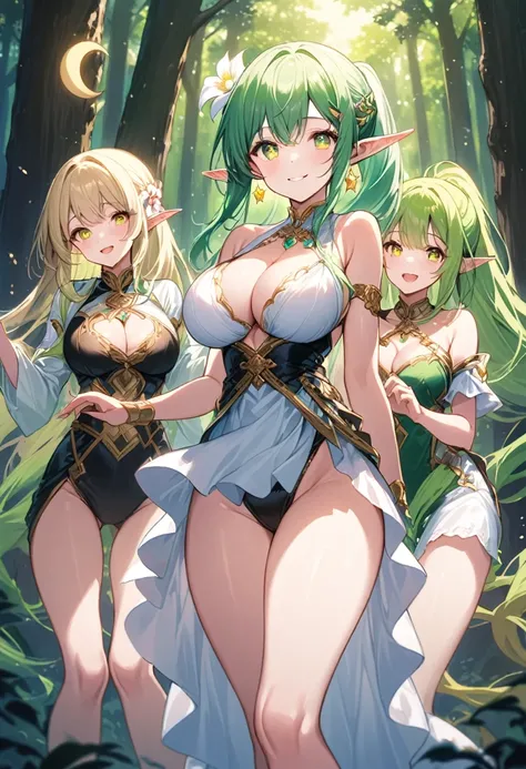 Three Girls, (Wavy Ponytail, Hair that falls over the shoulders, Very long hair, very thick hair), Green hair color, (Beautiful attention to detail, Green and gold eye color, Star-shaped pupil, Diamond-shaped pupils), Elf Ears, Forest Location, Around a ta...