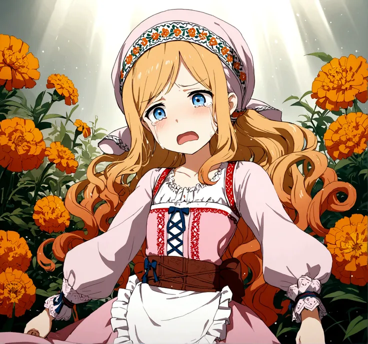 golden orange hair, gradient hair, very long hair, swept bangs, sidelocks, curly hair, wavy hair, (((((head scarf))))), head bandana, pink apron, flower in hair, marigold, orange flower, blue eyes, dirndl, pink dress, pink dirndl, long sleeves, waist apron...