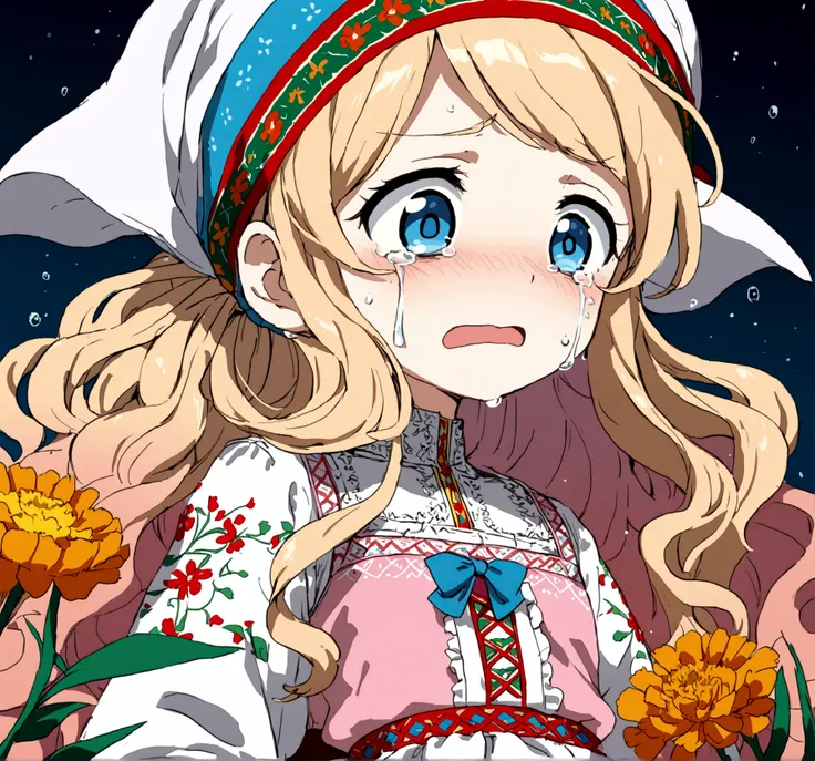 golden orange hair, gradient hair, very long hair, swept bangs, sidelocks, curly hair, wavy hair, (((((head scarf))))), head bandana, pink apron, flower in hair, marigold, orange flower, blue eyes, dirndl, pink dress, pink dirndl, long sleeves, waist apron...