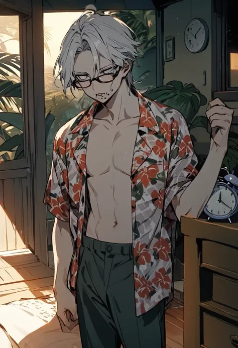 Alone boy, looking at alarm clock, pale jellon hair, half rosary eyes, open shirt, plaid shirt, pants, Hawaiian blouse, wearing glasses, mouth piercing,In the open air,