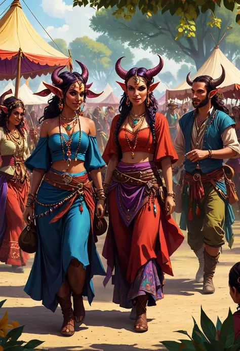 tieflings at a festival Gypsies, fantasy illustration style