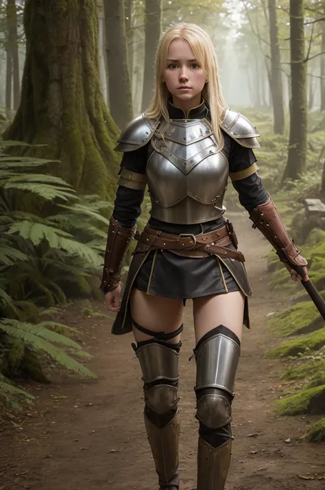 high reslolution, young novice warrior of the warriors guild, blonde hair, dutch girl 20 years old,  leather armor, in a forest, peeing her pants in fear, wetting herself in panic, panic in her face, pee running down her legs, visible wetness at her crotch...