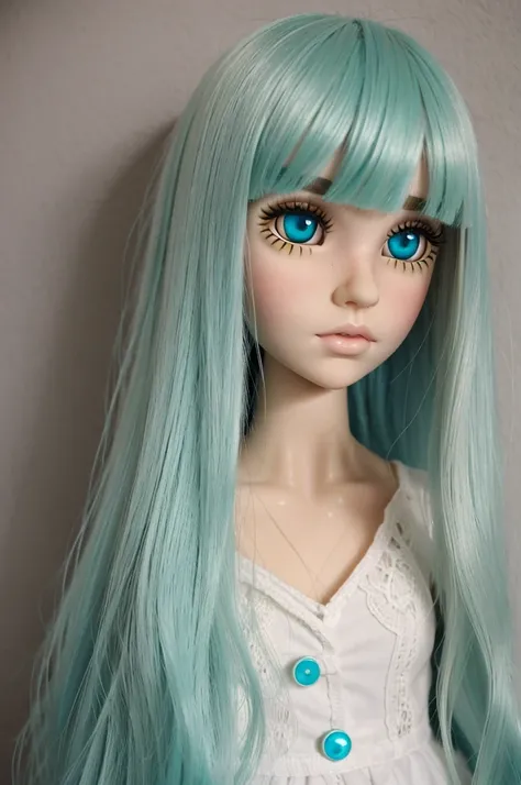 blythe doll with dirty blonde hair and bangs with a nose ring piercing, pale skin, green and blue eyes with eyeliner 