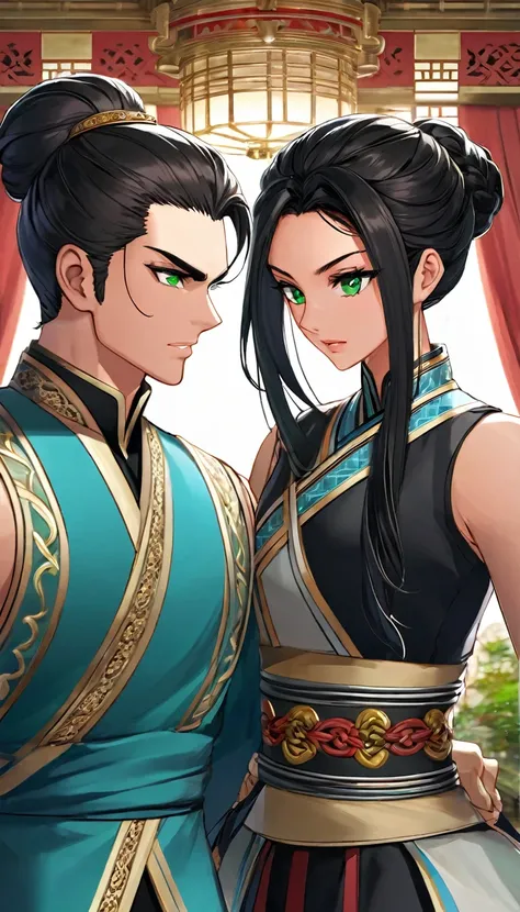 Style: Realistic and fantasy-style anthropomorphic character design:
Prince Amal: 27 years old、a muscular build、Short, trimmed brown hair、blue eyes。Angry and disappointed expressions。
Nadia: 23 years old、Olive skin、Long, luxurious black hair tied up in int...