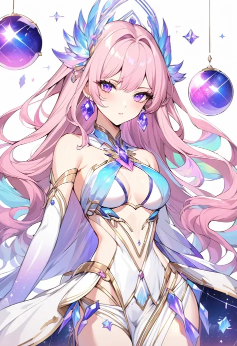 a beautiful adult woman, dressed like a galaxy goddess, she has the constellation ability like colorful crystal. she wears pink and purple crystal earrings, Manhwa style.  